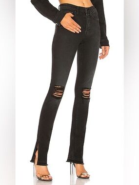 Cotton Citizen Black Distressed Skinny Jeans with Hem Slit
